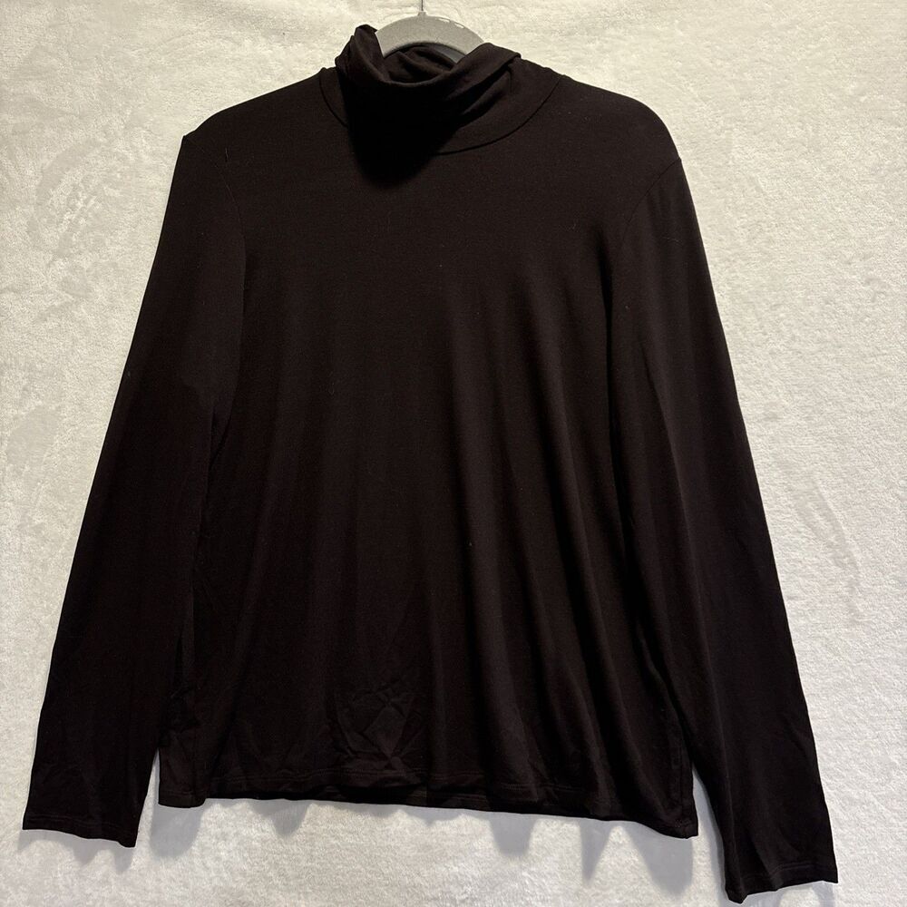 EILEEN FISHER Top Large Rayon Stretch Scrunch Neck Turtleneck Long Sleeve Brown